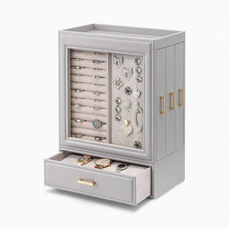 Boîte à Bijoux En Cuir Rose et Tiroirs - vue de dessus