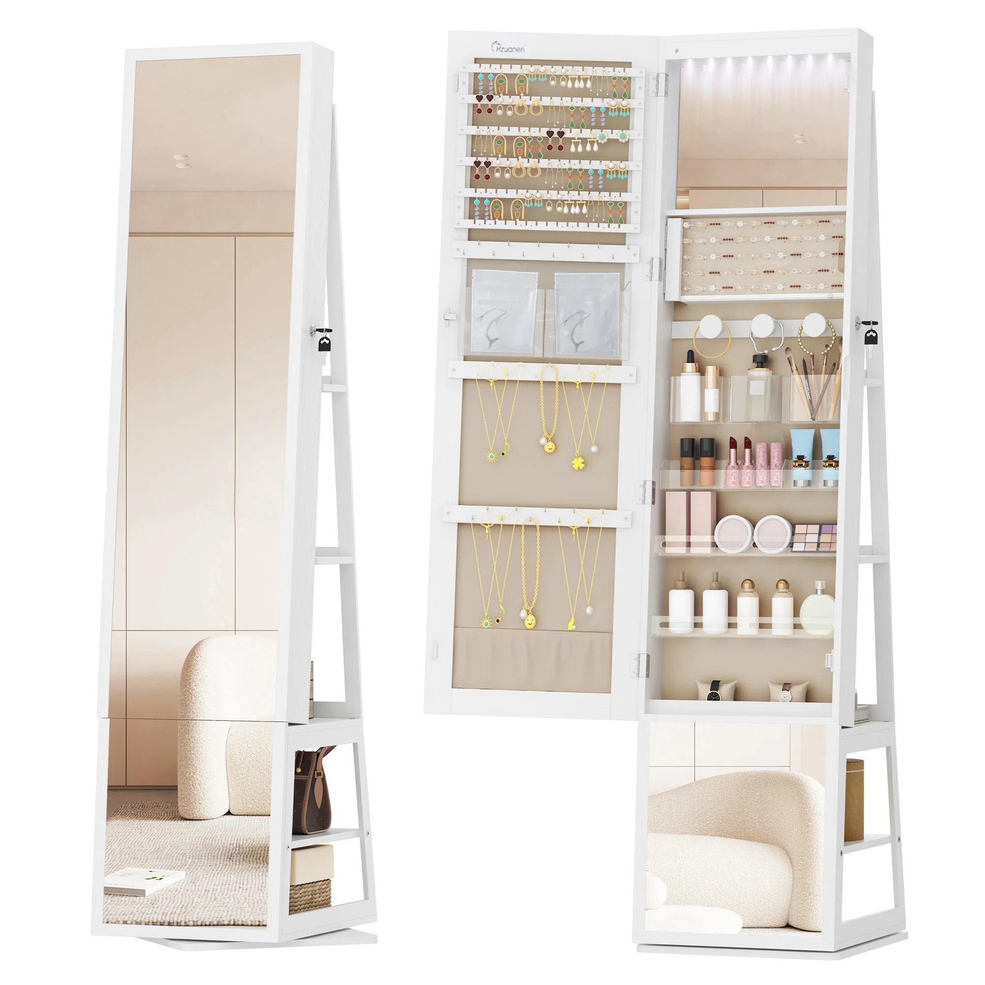 Armoire à Bijoux et Accessoires Sur Pied Avec Miroir Et Led - éclairage LED