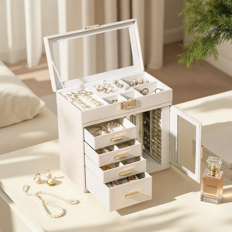 Grande Boîte à Bijoux En Cuir Beige et à Tiroirs - vue de dessus