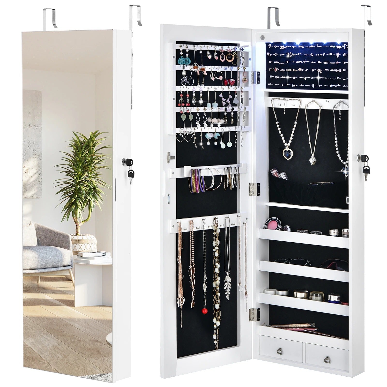 Armoire à Bijoux et Accessoires Sur Pied Avec Miroir Et Led - vue de face