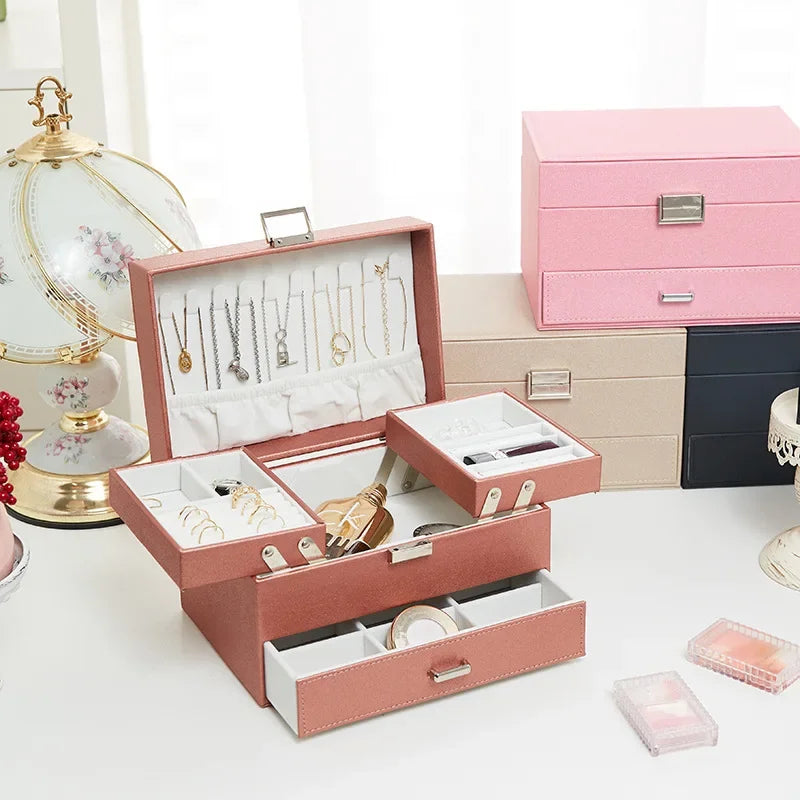 Boîte à Bijoux Multi-Rangements En Cuir Véritable - vue ouverte