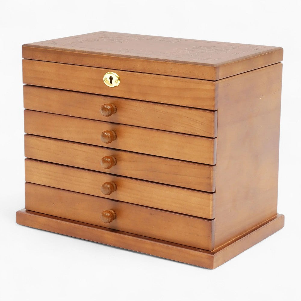 Boîte à Bijoux En Bois Naturel 6 Tiroirs - détail du couvercle
