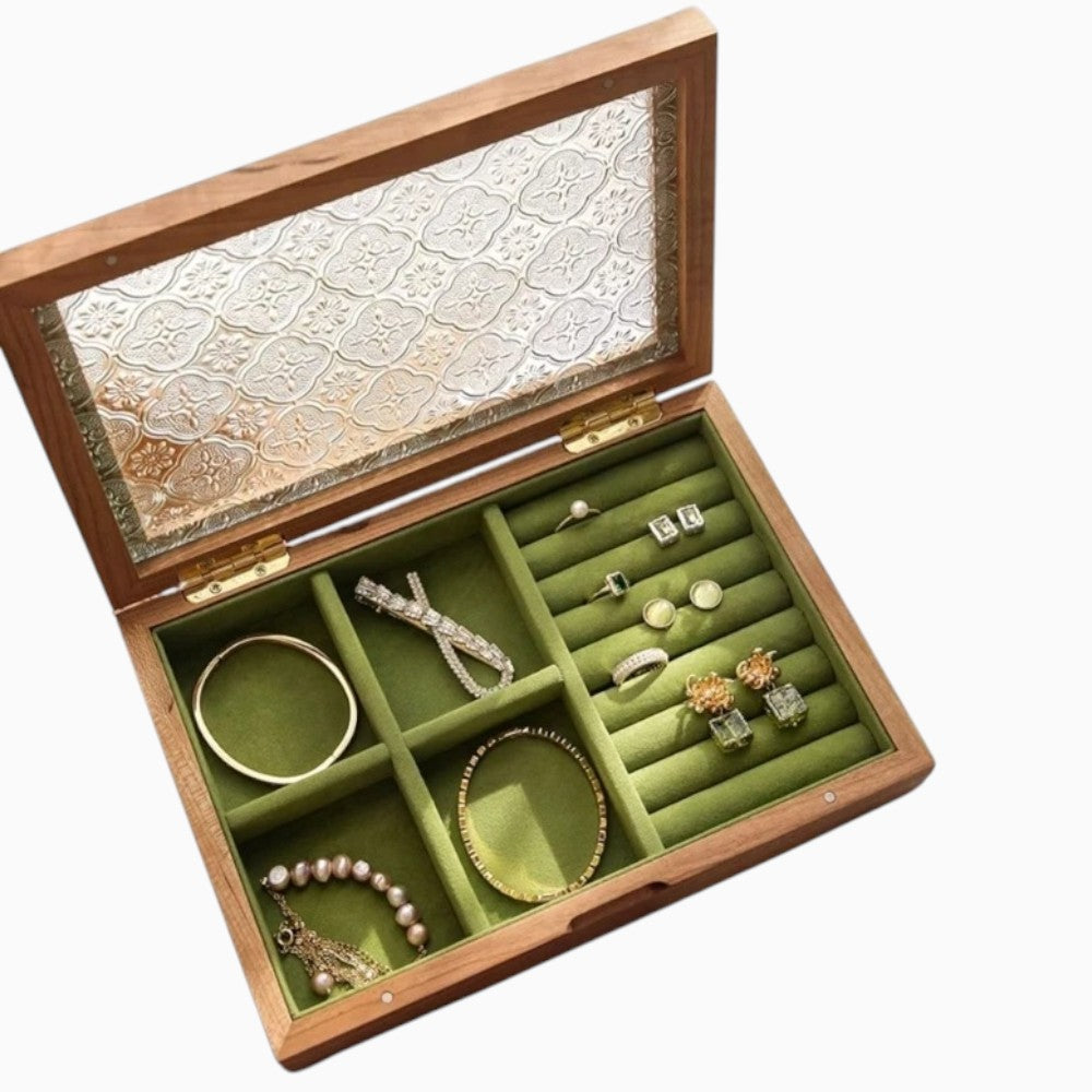 Boîte à Bijoux Bois Vintage Intérieur Vert - détail du couvercle