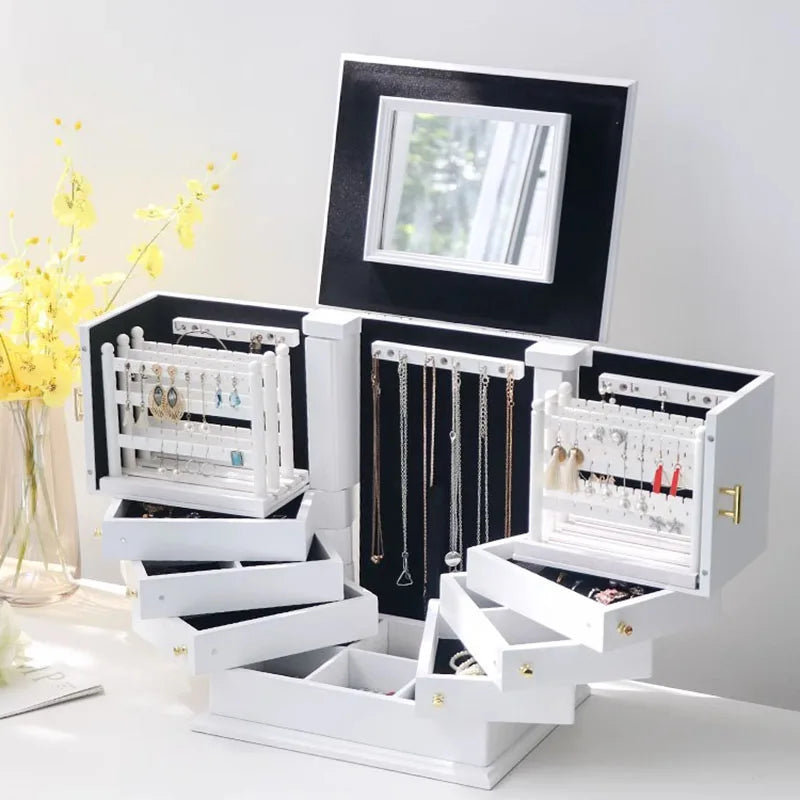 Boîte à Bijoux Multi-Compartiments en Bois Blanc Avec Miroir - intérieur et compartiments
