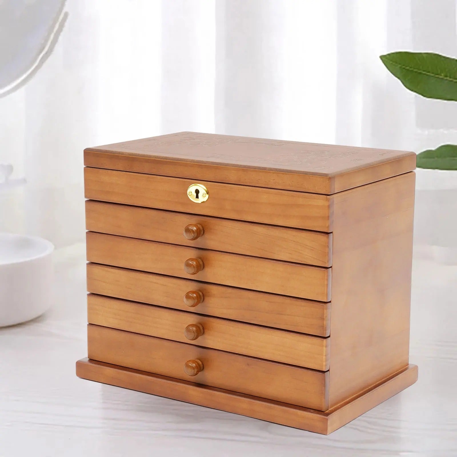 Boîte à Bijoux En Bois Naturel 6 Tiroirs - vue ouverte
