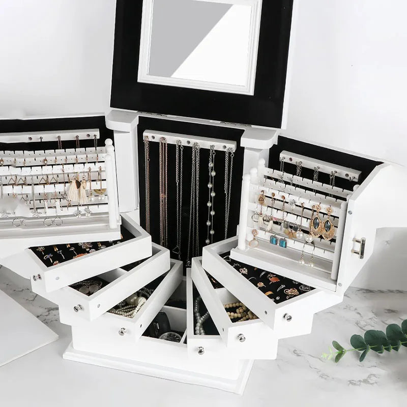 Boîte à Bijoux Multi-Compartiments en Bois Blanc Avec Miroir - vue latérale