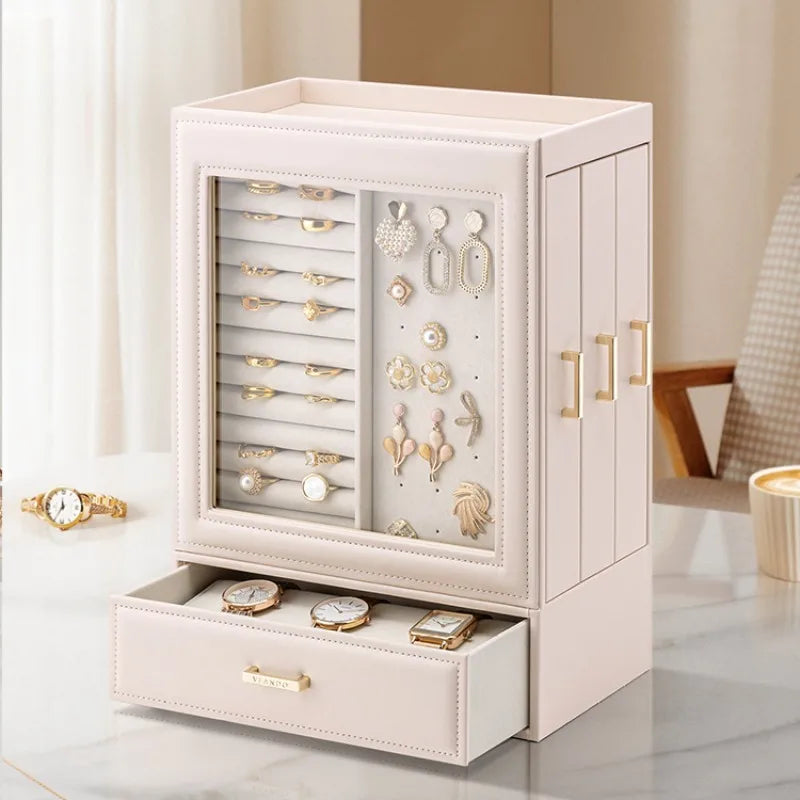 Pink Leather Jewelry Box with Drawers