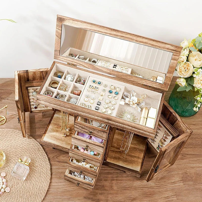 Boîte à Bijoux En Bois Avec Miroir et Tiroirs - intérieur et compartiments