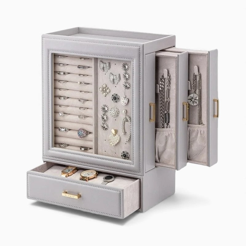 Boîte à Bijoux En Cuir Rose et Tiroirs - détail du couvercle