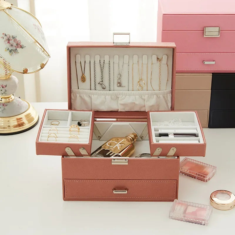 Boîte à Bijoux Multi-Rangements En Cuir Véritable - intérieur et compartiments