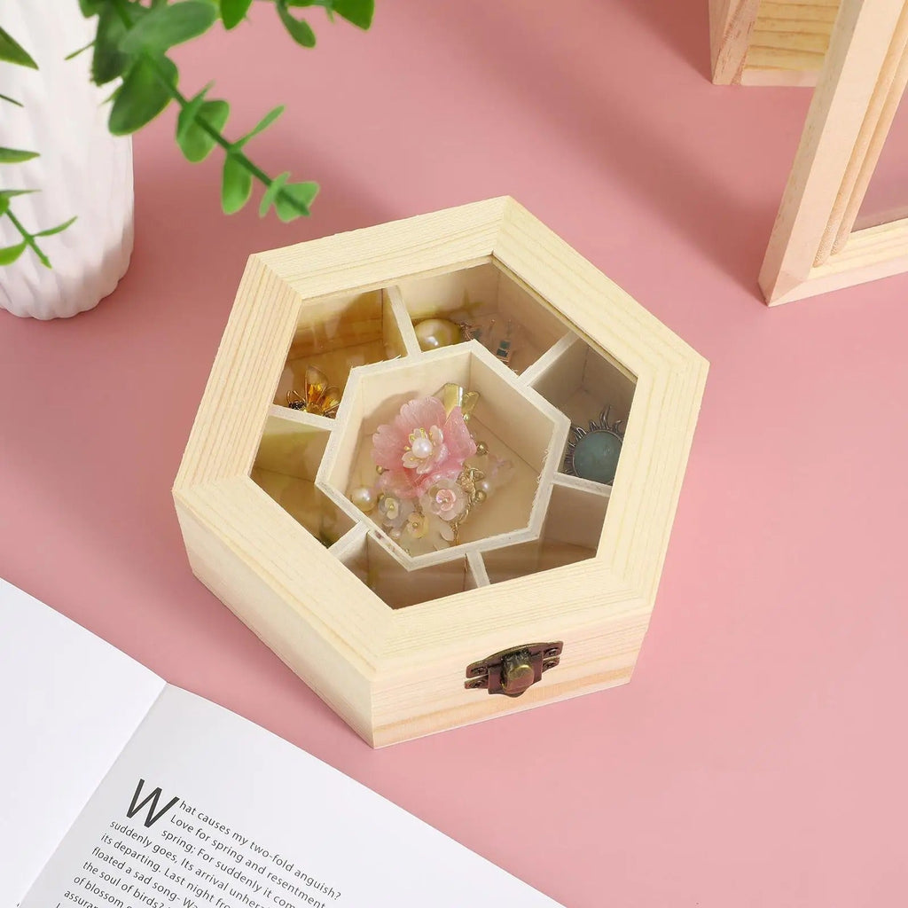 Boîte à Bijoux Hexagonale en Chêne - intérieur et compartiments