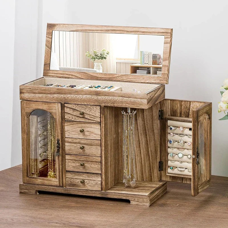 Boîte à Bijoux En Bois Avec Miroir et Tiroirs - vue ouverte