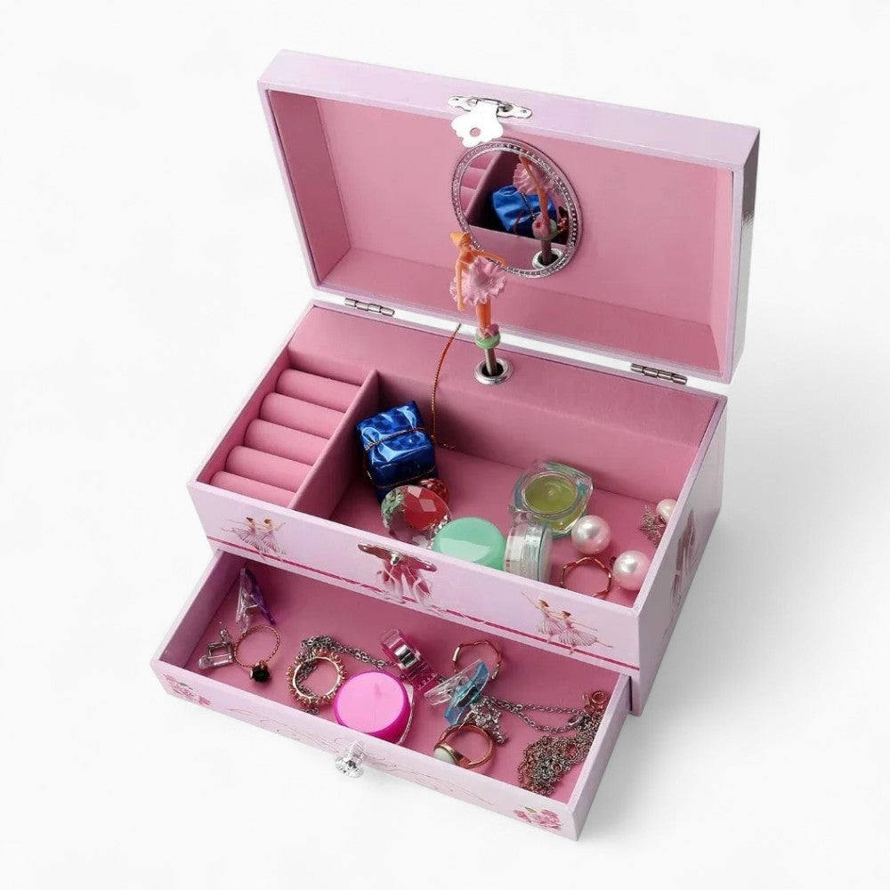 Boîte à Bijoux Rose Musique Danseuse Avec Tiroir - vue avec bijoux