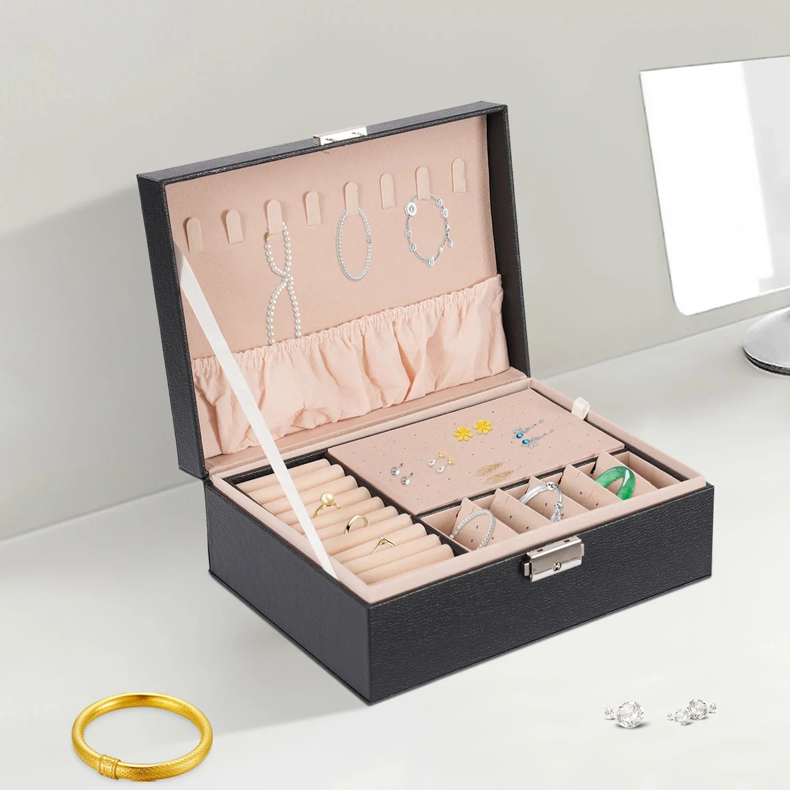 Boîte à Bijoux Noire - intérieur et compartiments