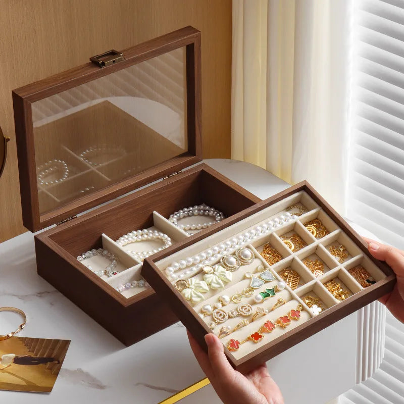 Boîte à Bijoux En Bois Foncé à Double Plateau - intérieur et compartiments