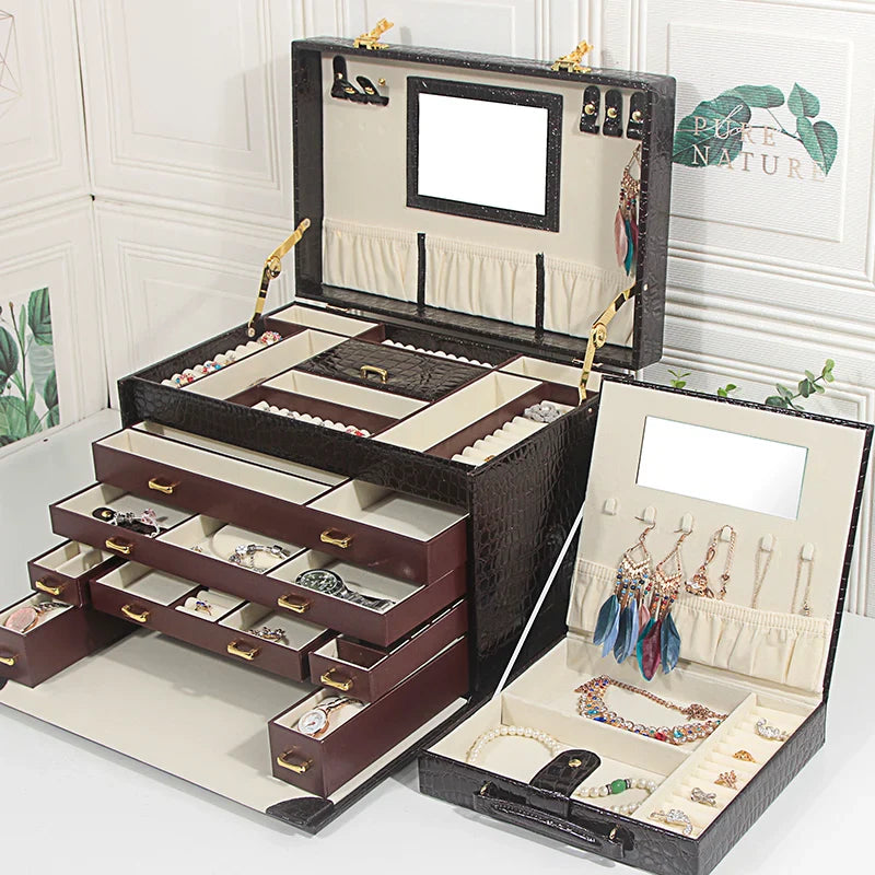 Boîte à Bijoux En Cuir Véritable et Multi-Tiroirs - vue ouverte