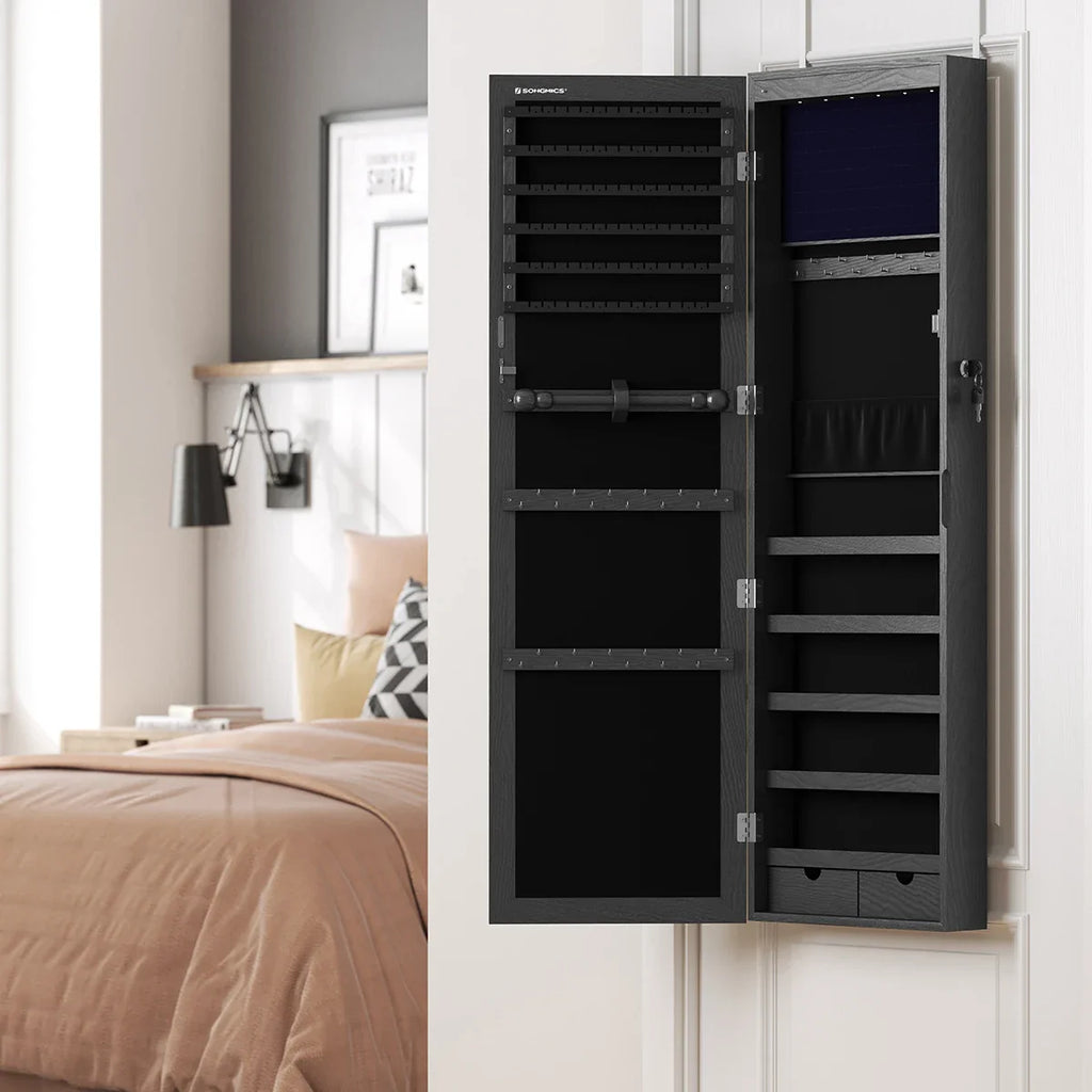 Armoire à Bijoux Murale Noire Avec Miroir - compartiments intérieurs