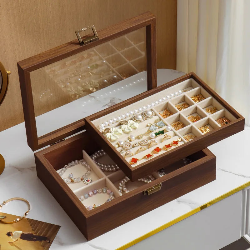 Boîte à Bijoux En Bois Foncé à Double Plateau - vue ouverte