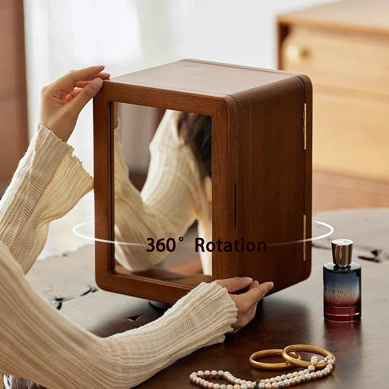 Boîte à Bijoux Rotative En Bois Massif Avec Vitre Transparente - intérieur et compartiments