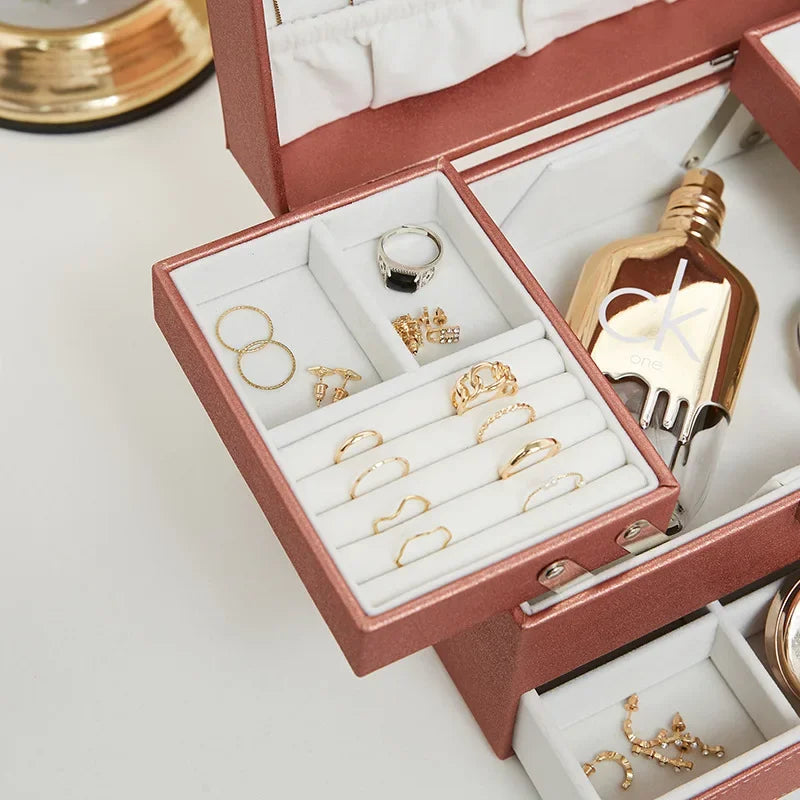 Boîte à Bijoux Multi-Rangements En Cuir Véritable - vue latérale