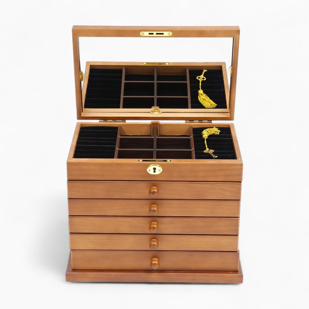 Boîte à Bijoux En Bois Naturel 6 Tiroirs - vue de dessus