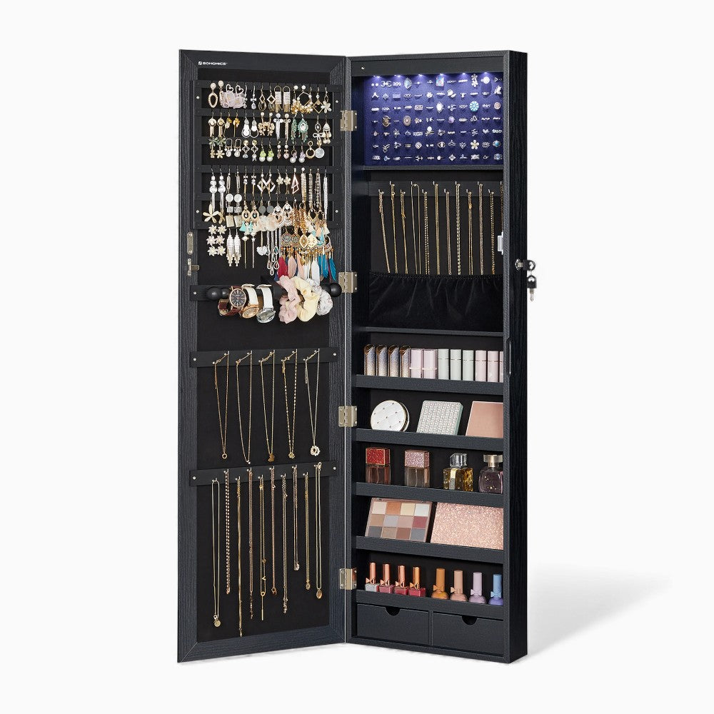 Armoire à Bijoux Murale Noire Avec Miroir - éclairage LED