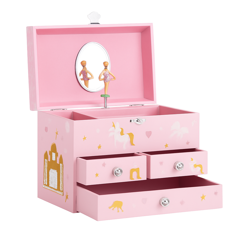 Boîte à Bijoux Musicale Rose Avec Tiroirs - vue principale