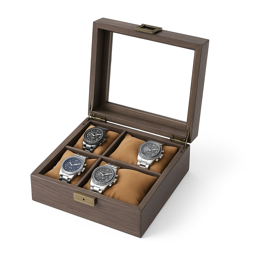 Boîte à Montres En Bois Foncé Avec Coussins En Velours - vue principale
