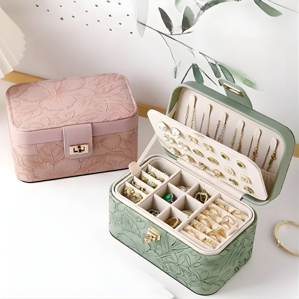 Boîte à Bijoux En Cuir et Fleurs - tiroirs ouverts