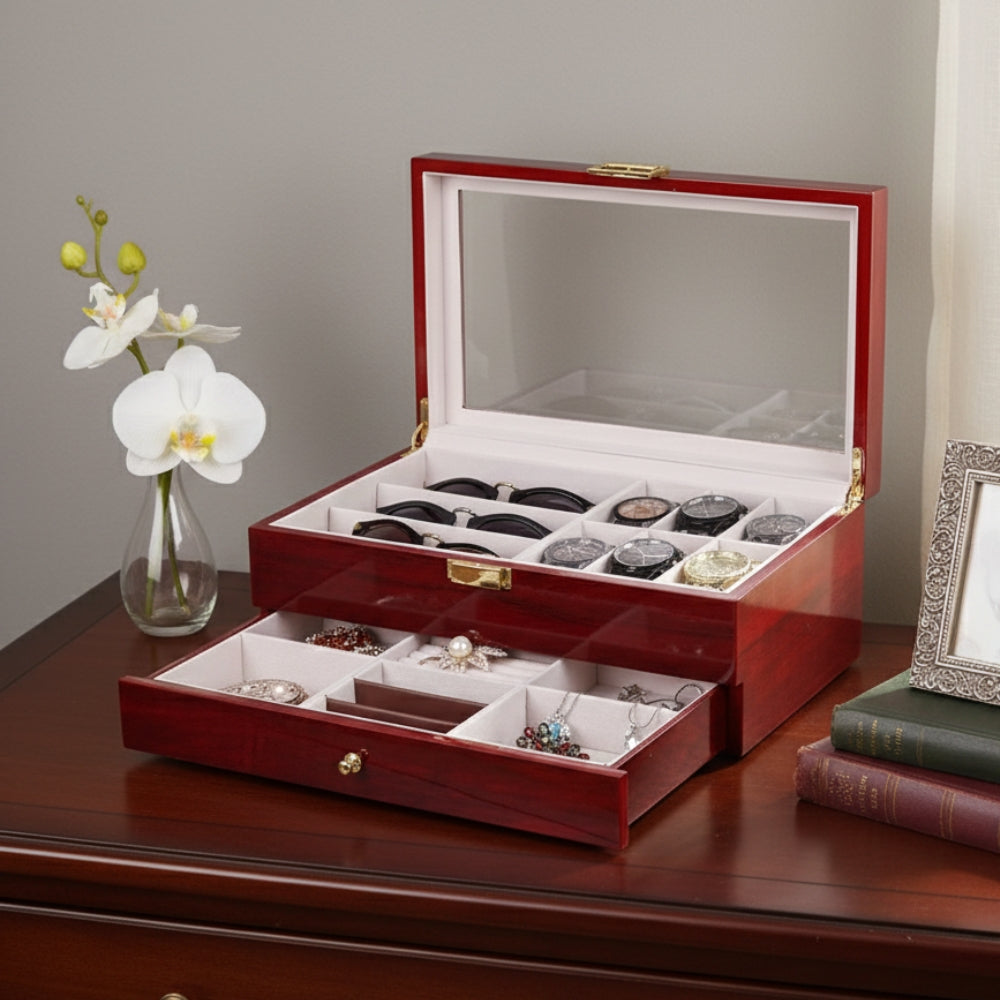 Boîte à Montres Et Bijoux Rouge Avec Ouverture Transparente - couvercle ouvert