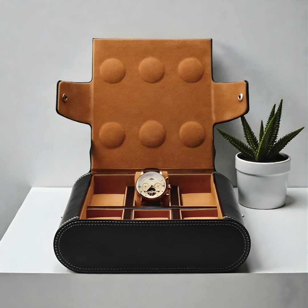 Boîte à Montres En Cuir Noir Intérieur Design - couvercle ouvert