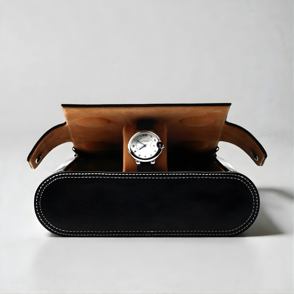 Boîte à Montres En Cuir Noir Intérieur Design - compartiments montres