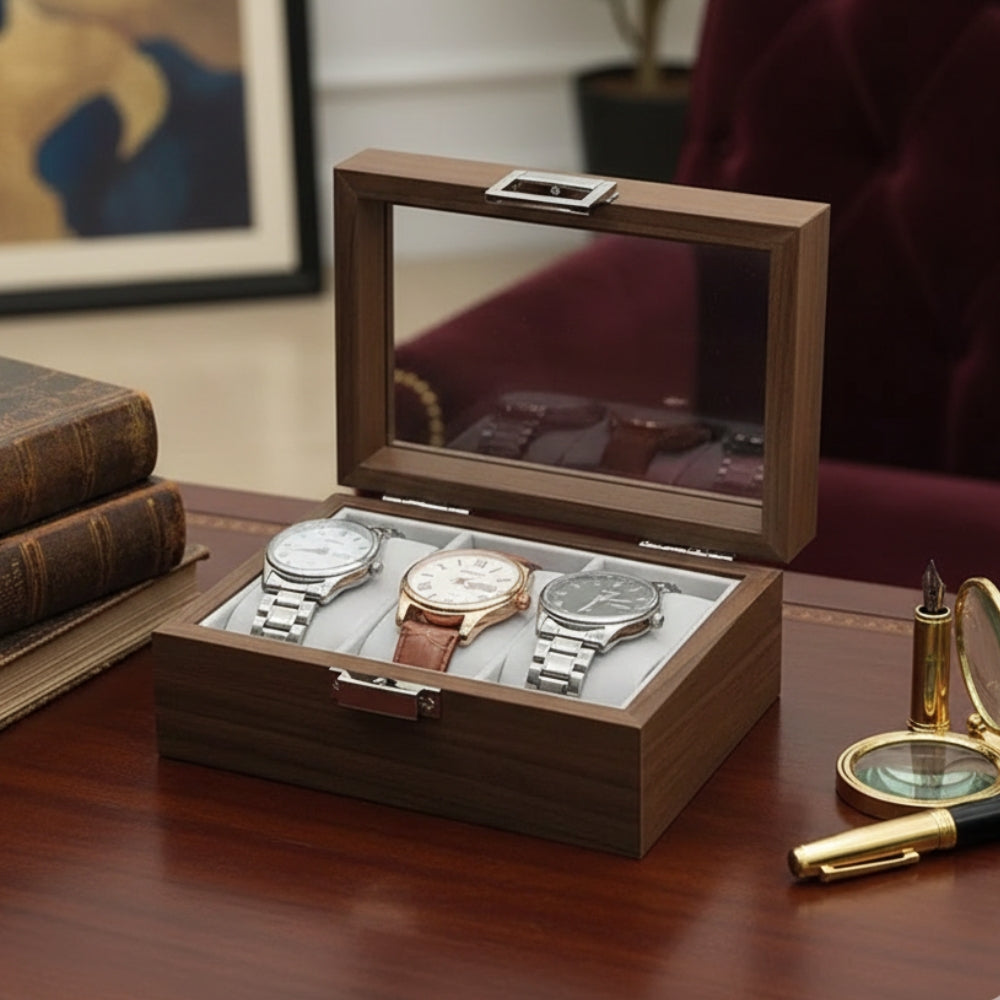 Boîte à Montres 3 Compartiments en Bois Foncé - couvercle ouvert