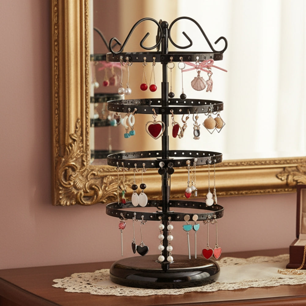Support Rotatif Noir Boucles d’Oreilles 4 Niveaux En Métal - en situation avec bijoux