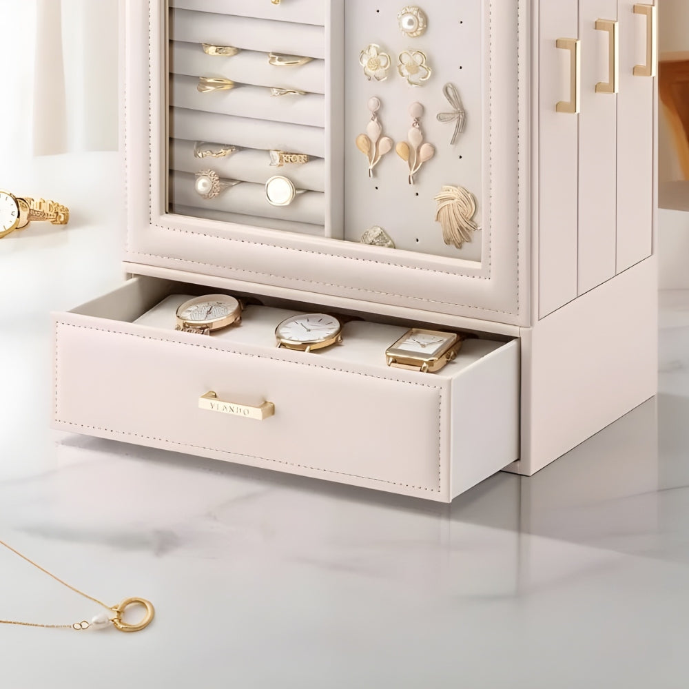 Boîte à Bijoux En Cuir Rose et Tiroirs - vue latérale