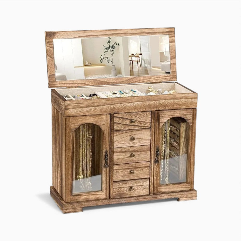 Boîte à Bijoux En Bois Avec Miroir et Tiroirs - vue latérale