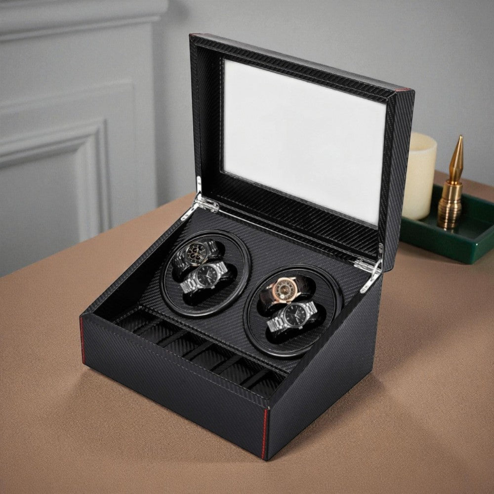 Boîte à Montres Automatique Noir Carbone - couvercle ouvert