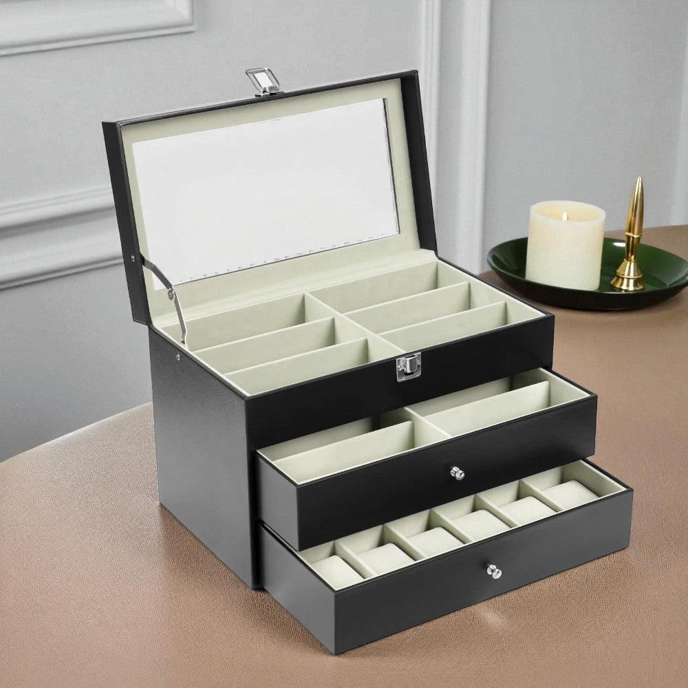 Coffret de Rangement Montres et Accessoires Avec Tiroirs - couvercle ouvert