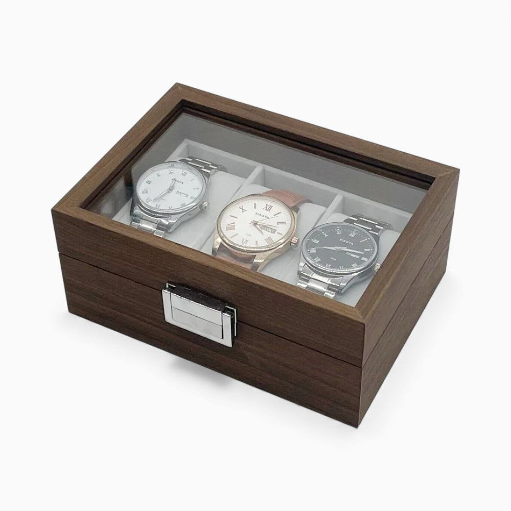 Boîte à Montres 3 Compartiments en Bois Foncé - coussin de maintien en velours