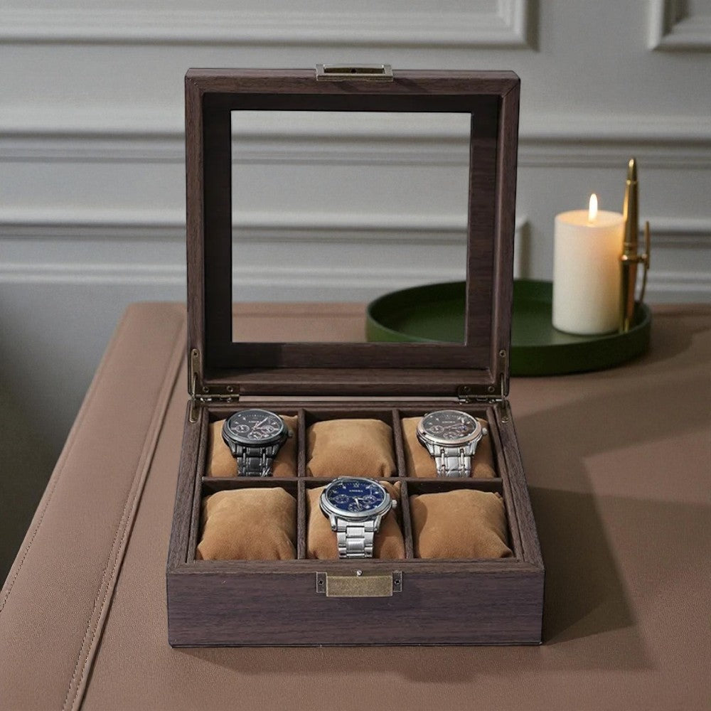Boîte à Montres En Bois Foncé Avec Coussins En Velours - compartiments montres