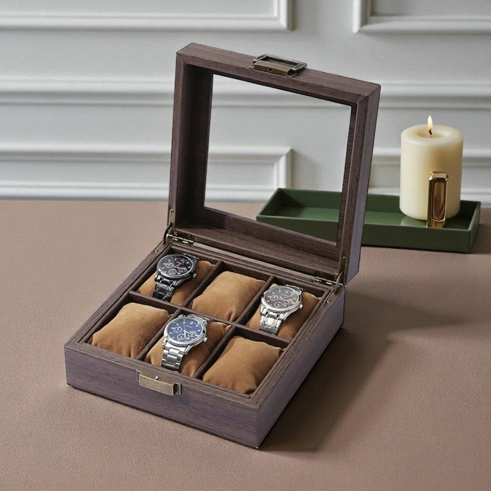 Boîte à Montres En Bois Foncé Avec Coussins En Velours - couvercle ouvert
