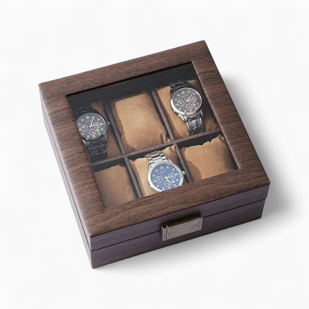 Boîte à Montres En Bois Foncé Avec Coussins En Velours - vue latérale