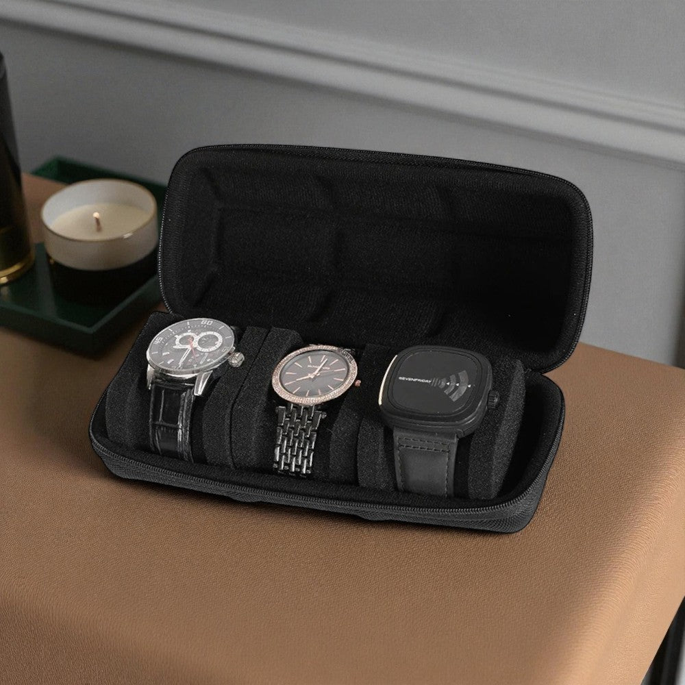 Étui à Montres De Voyage Noir 3 Montres - couvercle ouvert