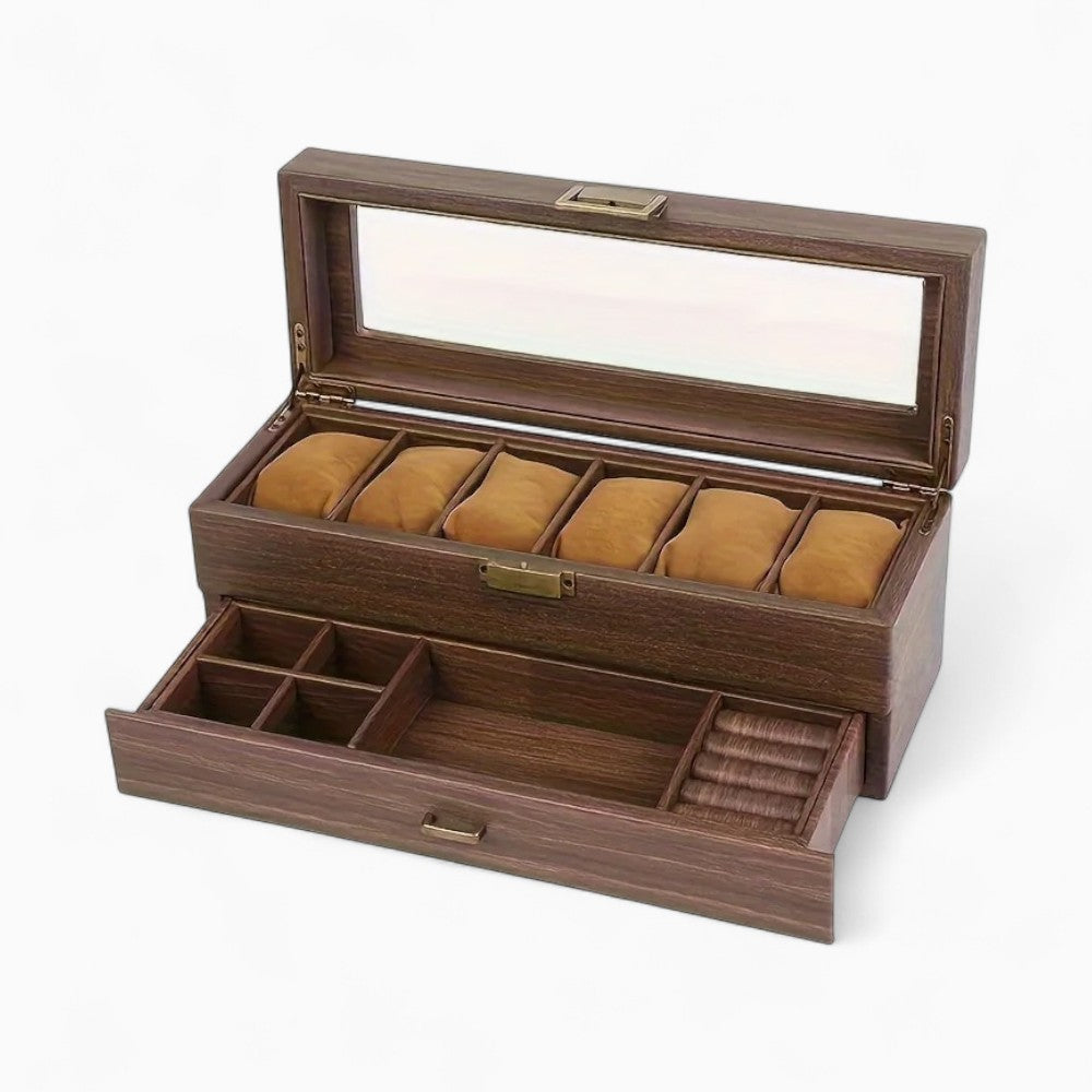 Coffret De Rangement Montres Et Bijoux En Bois Foncé - compartiments montres