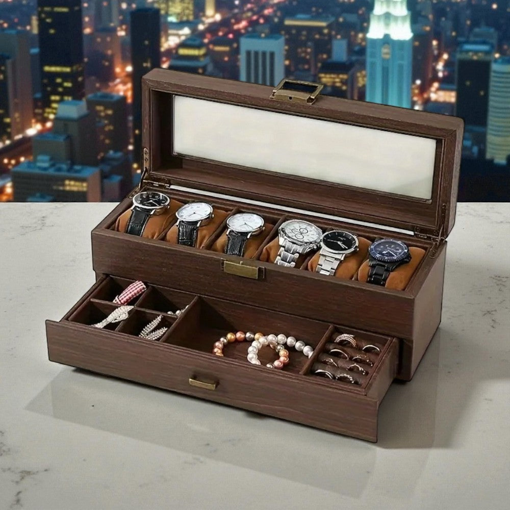 Coffret De Rangement Montres Et Bijoux En Bois Foncé - couvercle ouvert