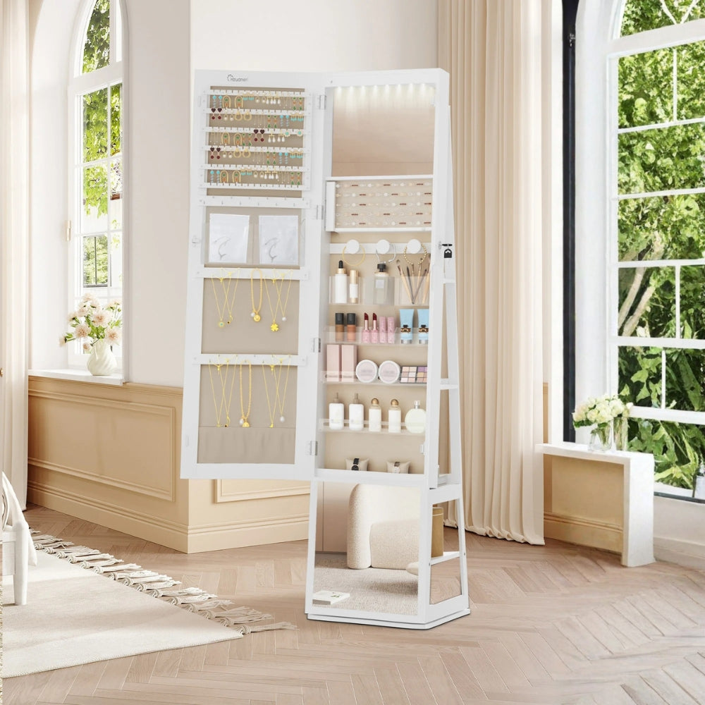 Full-Length Standing Jewelry Armoire with Mirror and LED Lighting