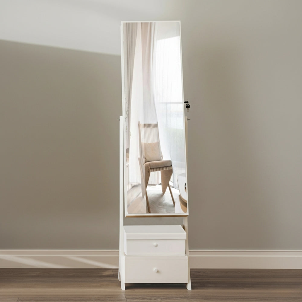 Grande Armoire à Bijoux Blanche avec Miroir, LED et Double Tiroir - miroir intégré