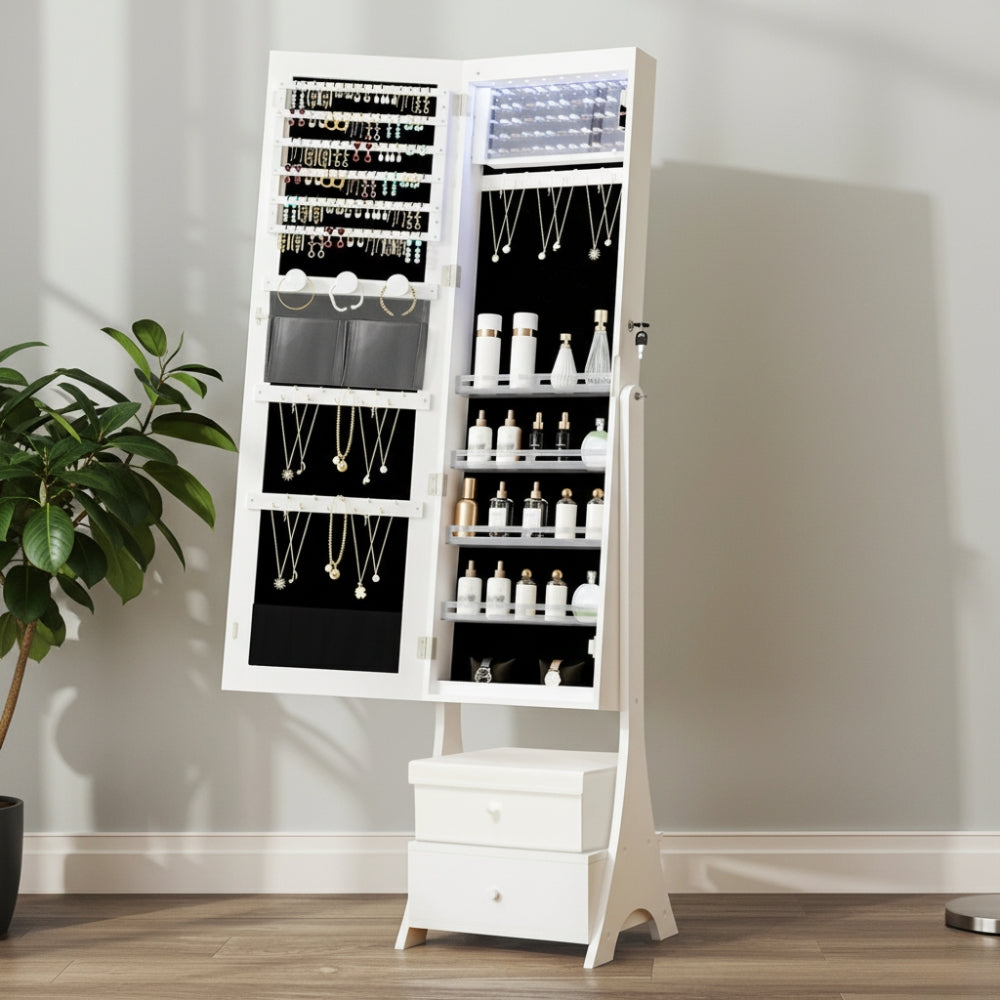 Grande Armoire à Bijoux Blanche avec Miroir, LED et Double Tiroir - porte ouverte