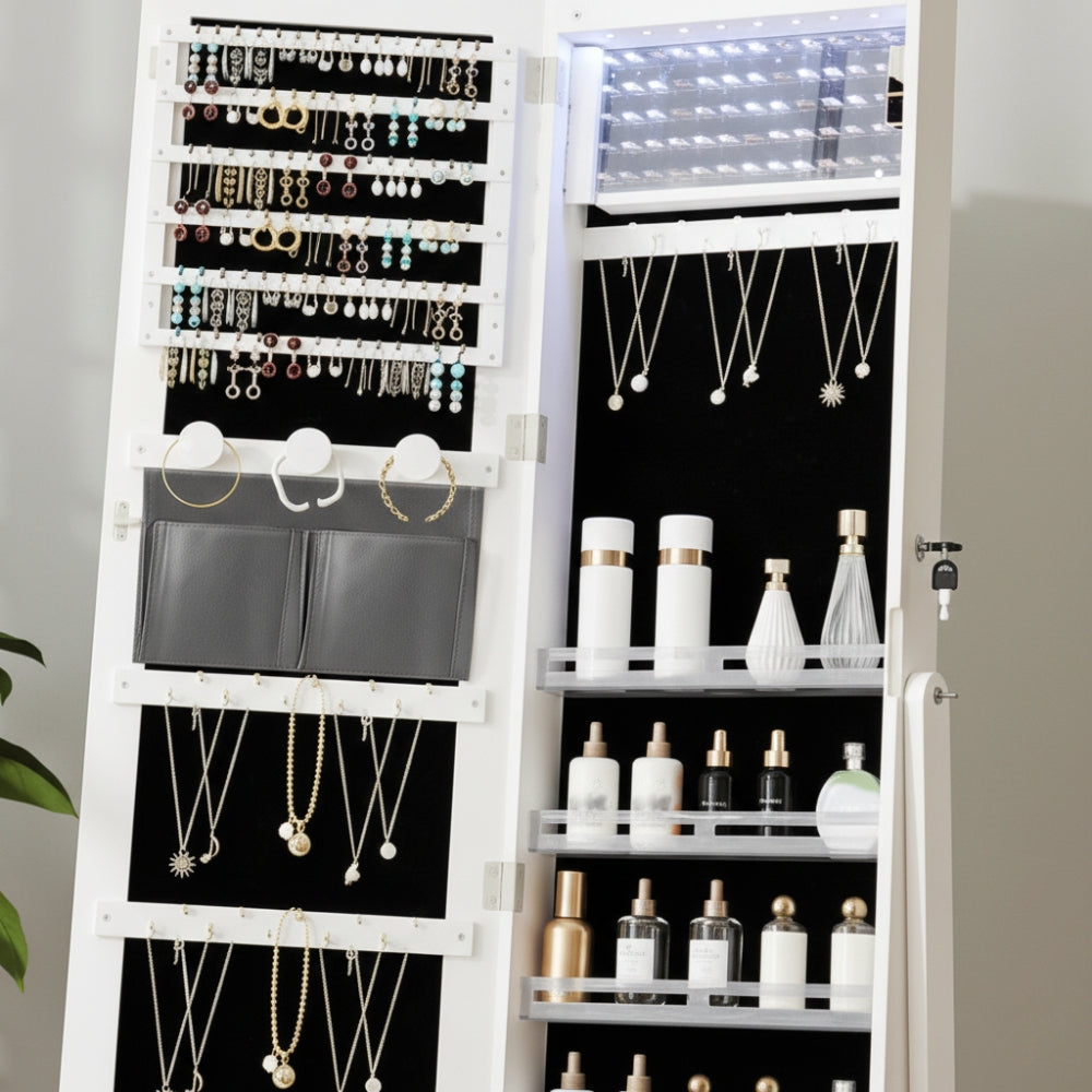 Grande Armoire à Bijoux Blanche avec Miroir, LED et Double Tiroir - compartiments intérieurs