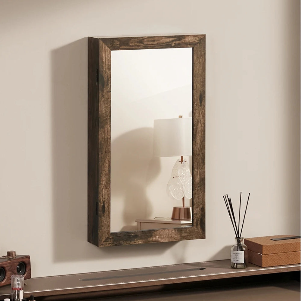Armoire à Bijoux Murale Bois Marron Avec Miroir - porte ouverte